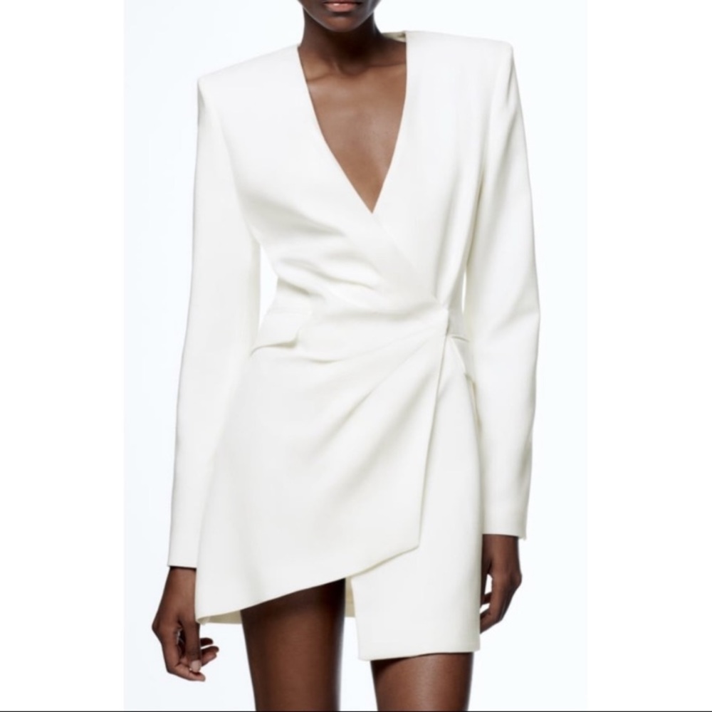Zara draped satin blazer dress ivory/cream with shoulder pads